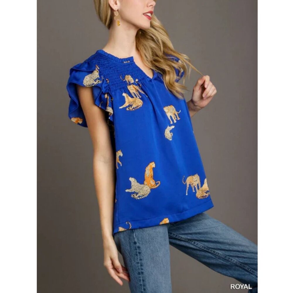Umgee Women's Royal Blue Smocked Detail Cheetah Top with Gold Accents Size XL - Picture 3 of 9
